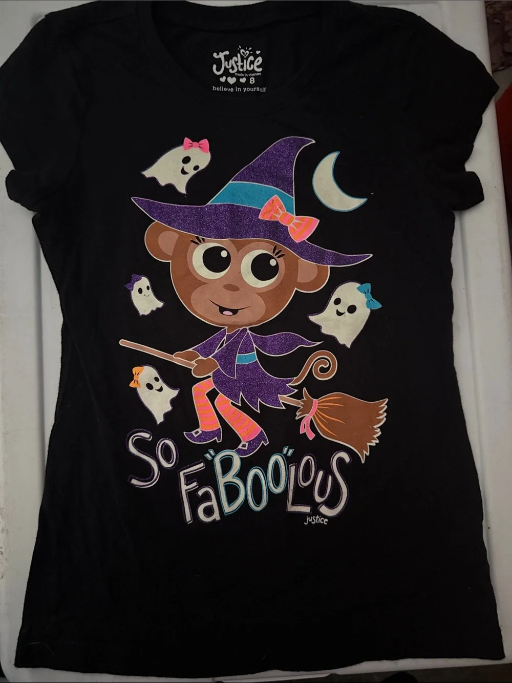 Justice Black Kids' Witch Monkey Graphic Tee with Purple & Pink Accents